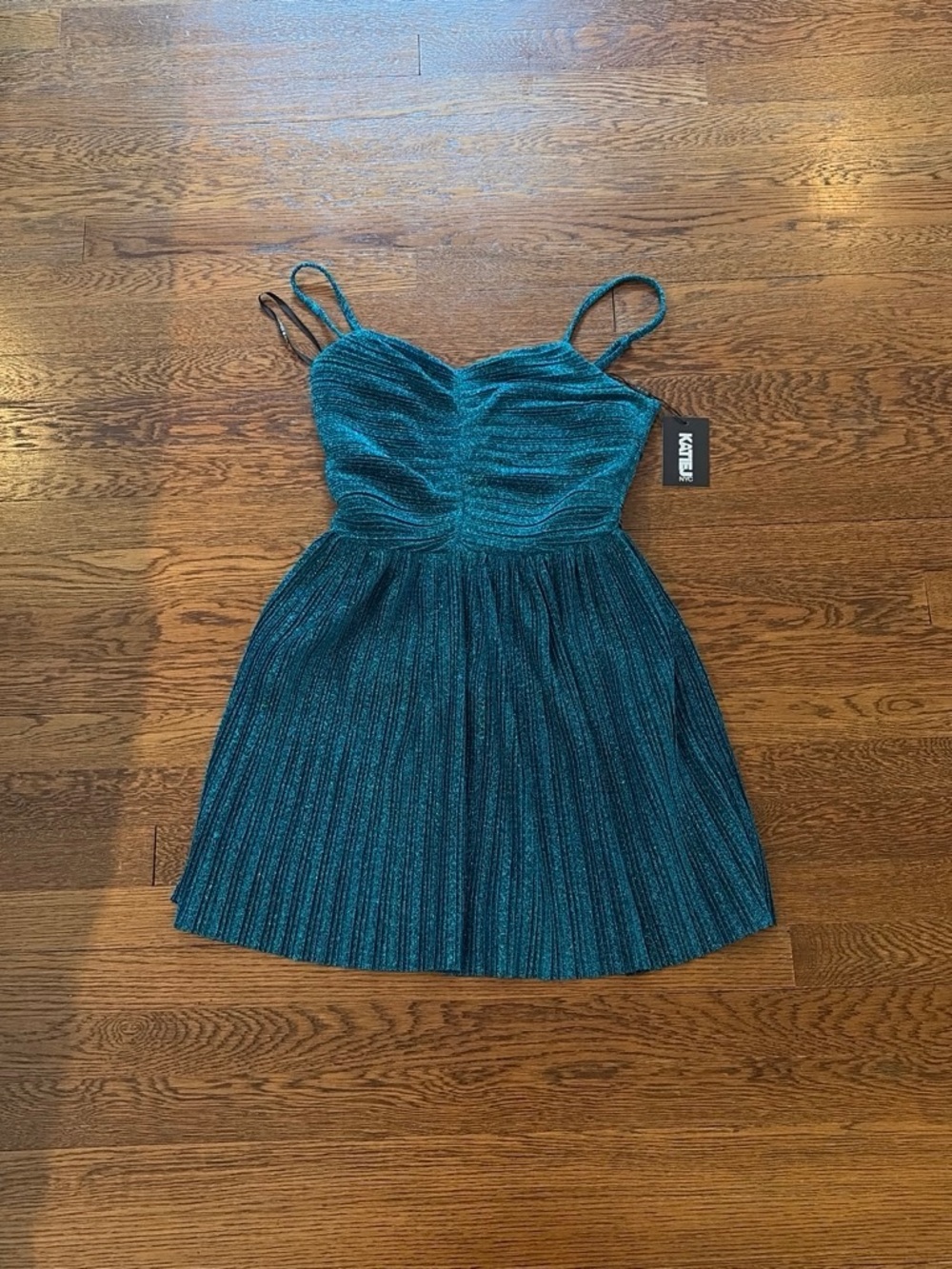 Katie J NYC Shimmery Teal Pleated Party Dress